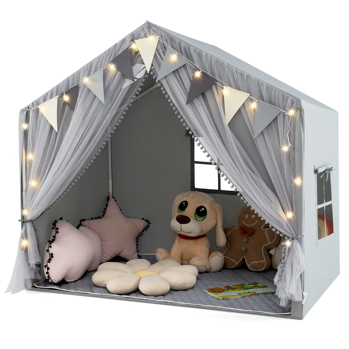 Large Toddler Playhouse Tent with Door Curtains Windows-Gray Kids Crystal