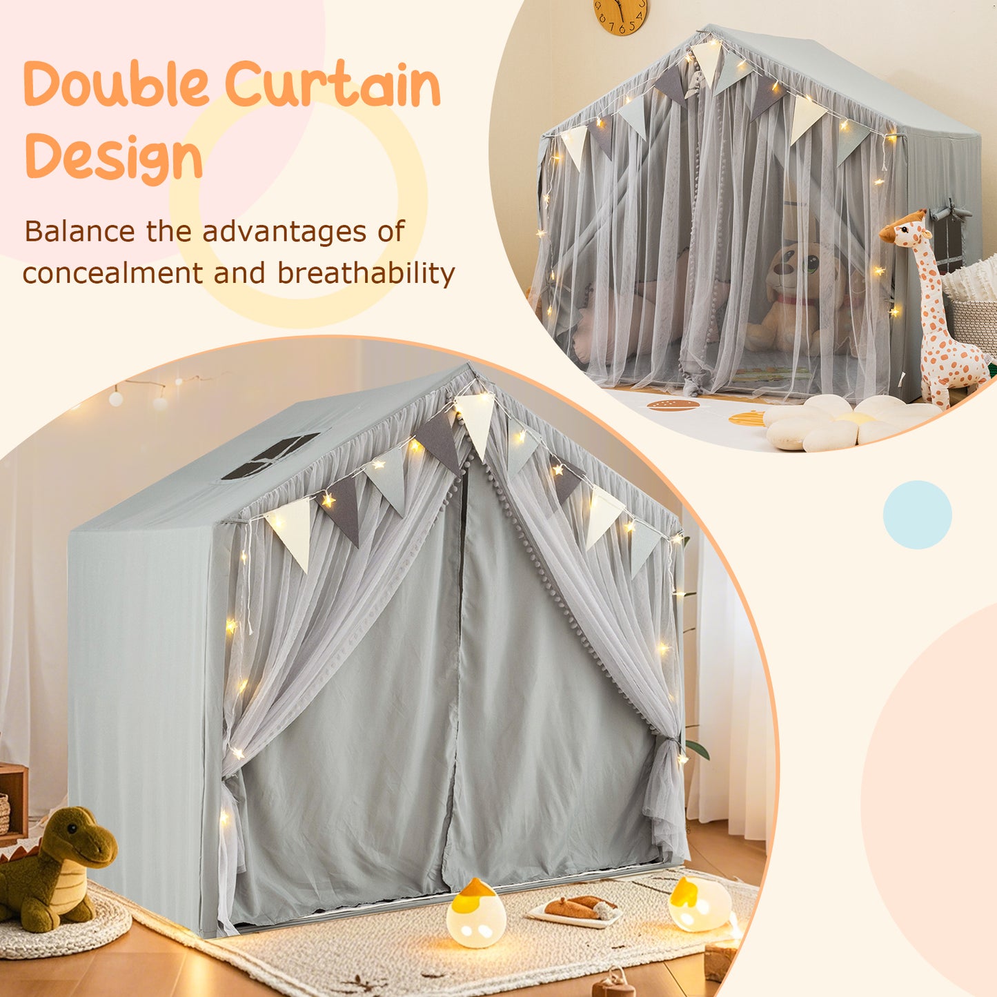 Large Toddler Playhouse Tent with Door Curtains Windows-Gray Kids Crystal