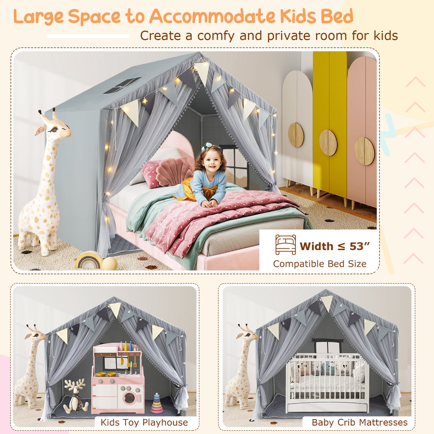 Large Toddler Playhouse Tent with Door Curtains Windows-Gray Kids Crystal