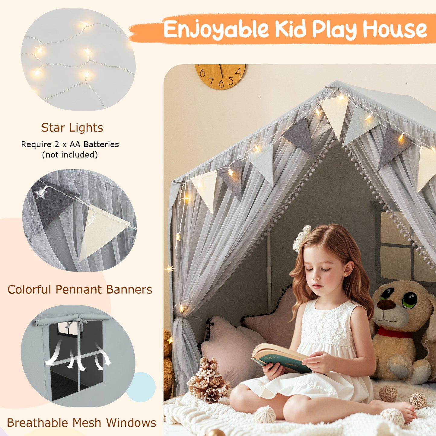 Large Toddler Playhouse Tent with Door Curtains Windows-Gray Kids Crystal