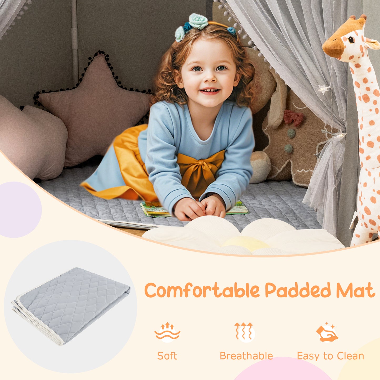 Large Toddler Playhouse Tent with Door Curtains Windows-Gray Kids Crystal