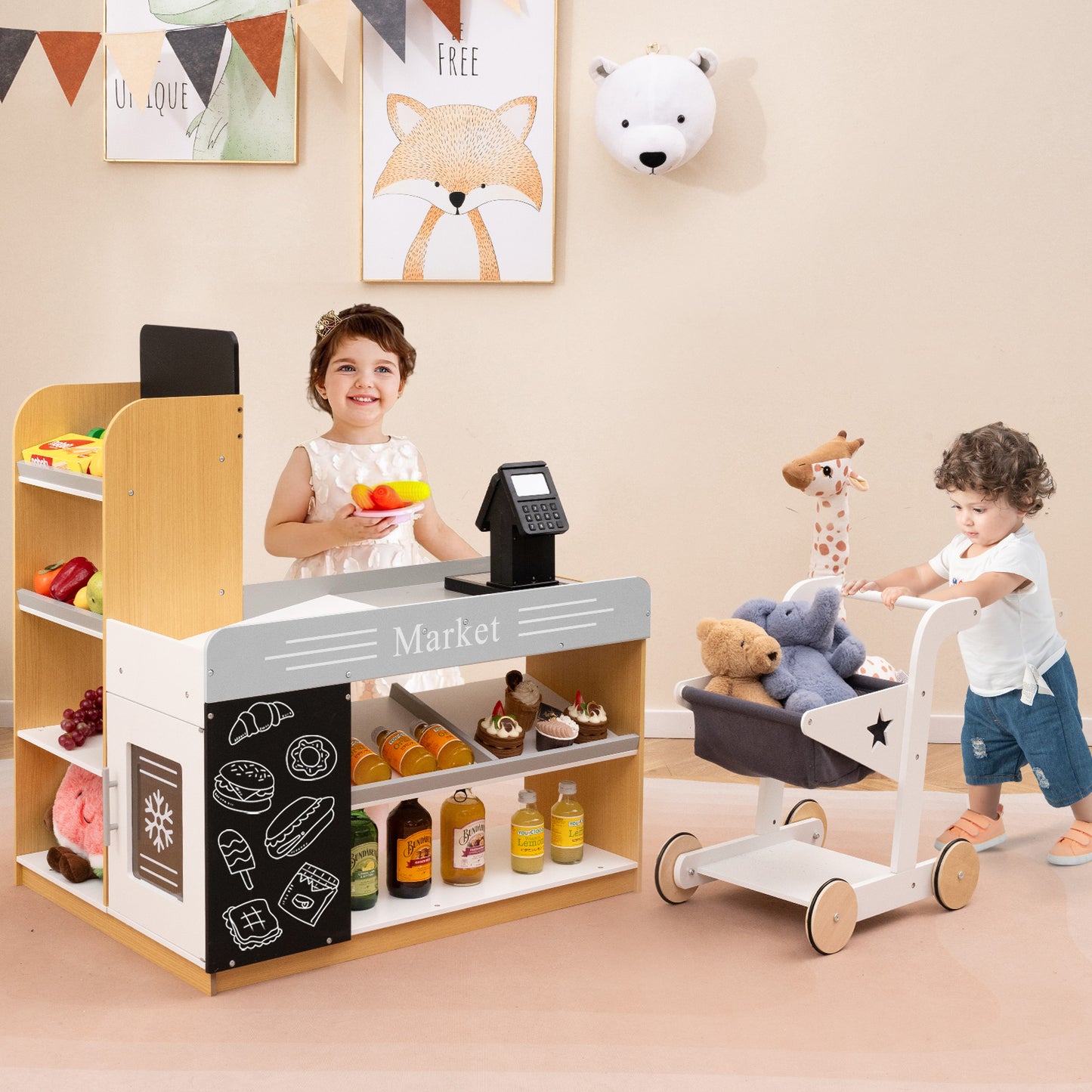 Pretend Play Grocery Store Set with Shopping Cart and 2 Chalkboards-White Kids Crystal