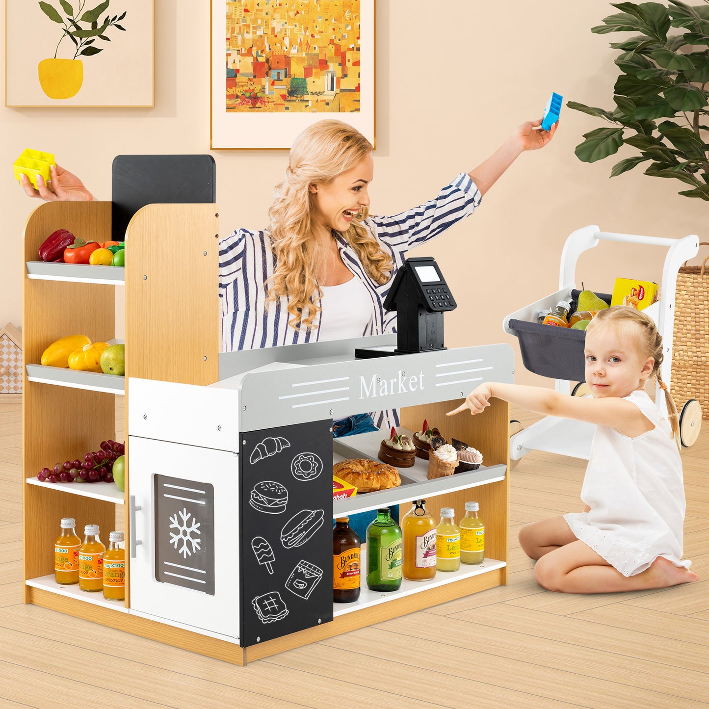Pretend Play Grocery Store Set with Shopping Cart and 2 Chalkboards-White Kids Crystal