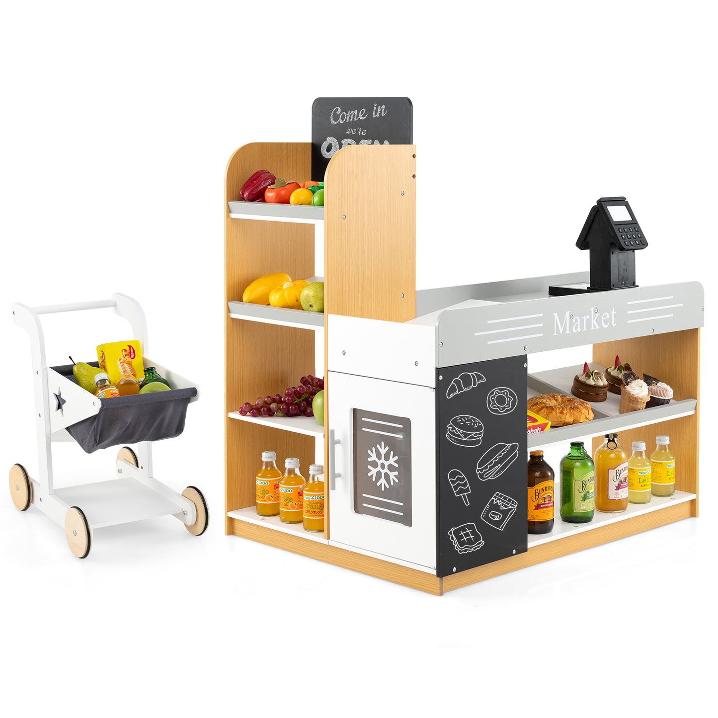 Pretend Play Grocery Store Set with Shopping Cart and 2 Chalkboards-White Kids Crystal