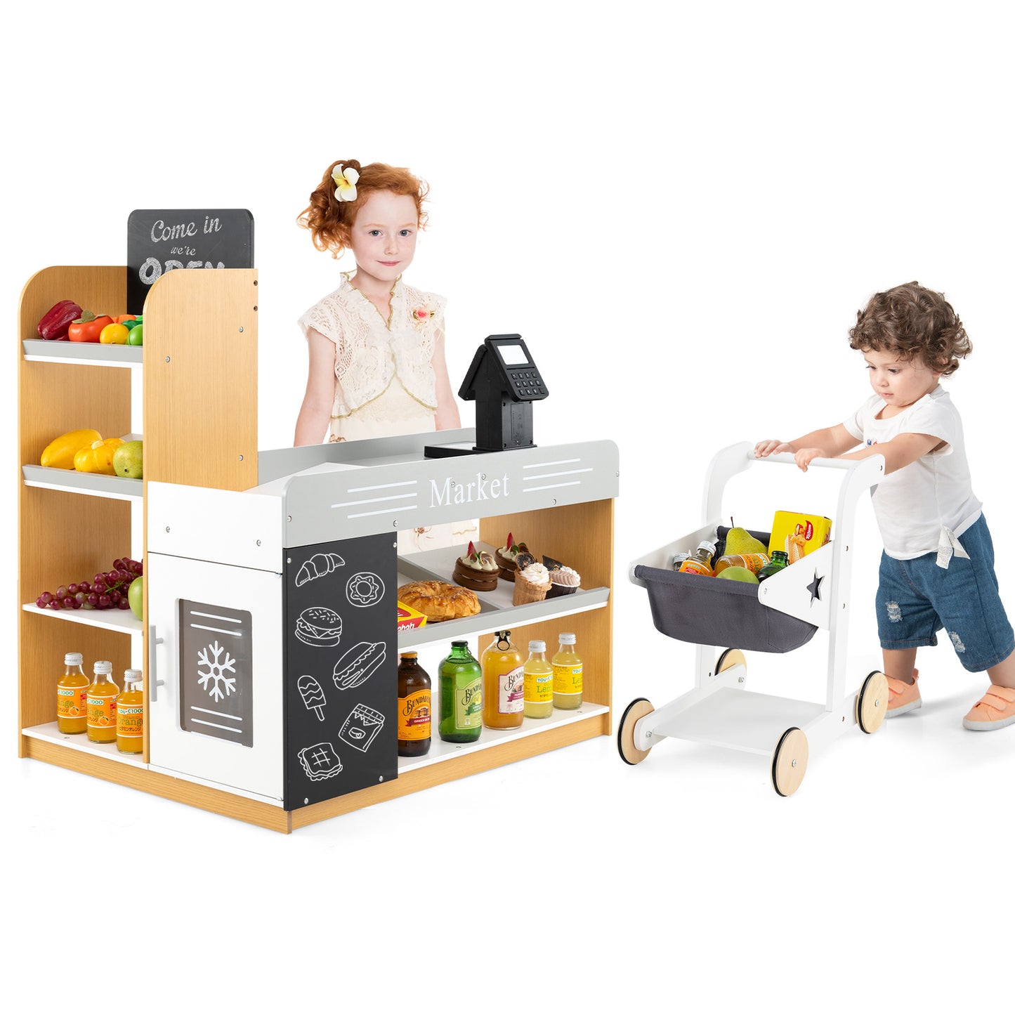 Pretend Play Grocery Store Set with Shopping Cart and 2 Chalkboards-White Kids Crystal