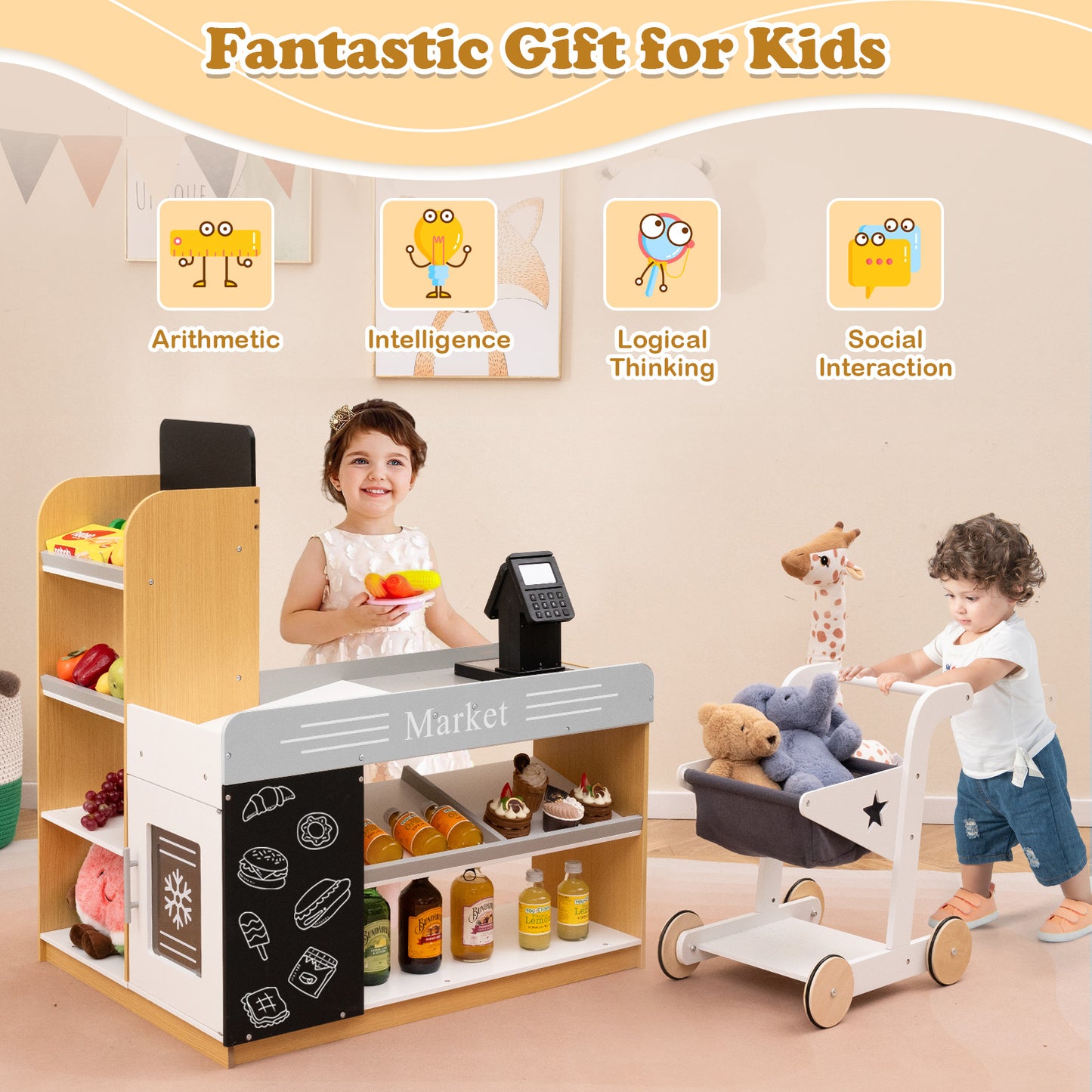 Pretend Play Grocery Store Set with Shopping Cart and 2 Chalkboards-White Kids Crystal