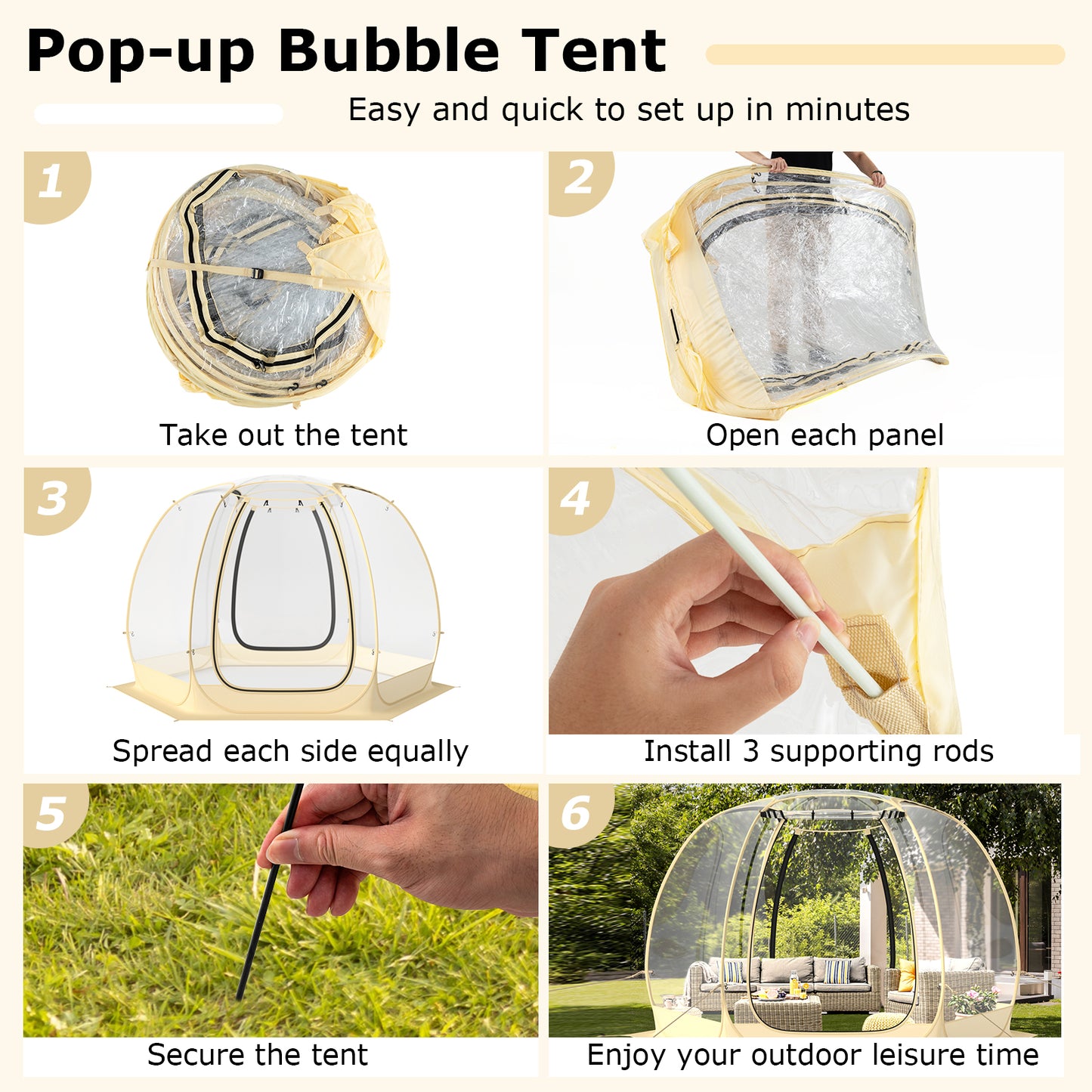 11 x 11 Feet Clear Dome Pop up Bubble Tent with Carrying Bag for 6-10 People-Beige Kids Crystal