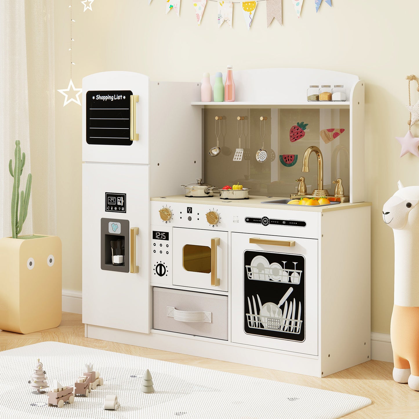 Wooden Kids Kitchen Playset with Chalkboard Ice Maker Sink Lighted Microwave-White Kids Crystal