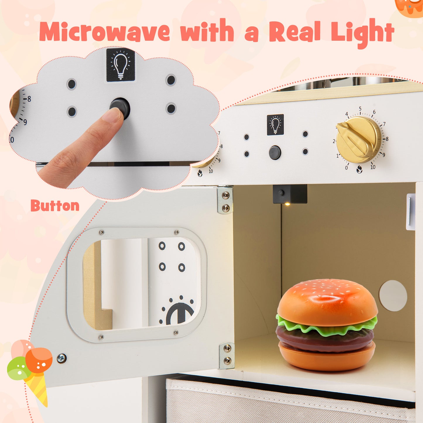 Wooden Kids Kitchen Playset with Chalkboard Ice Maker Sink Lighted Microwave-White Kids Crystal