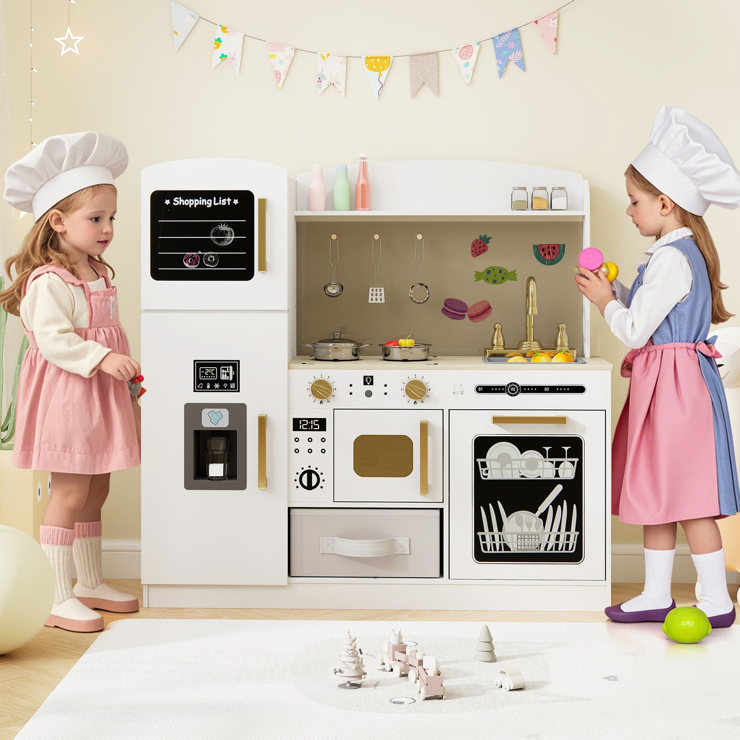 Wooden Kids Kitchen Playset with Chalkboard Ice Maker Sink Lighted Microwave-White Kids Crystal