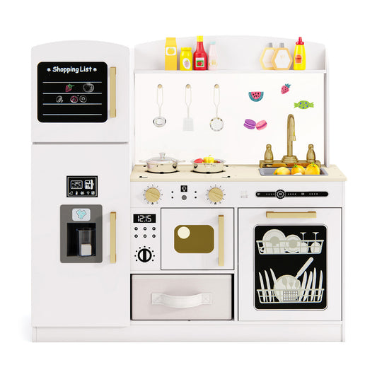 Wooden Kids Kitchen Playset with Chalkboard Ice Maker Sink Lighted Microwave-White Kids Crystal