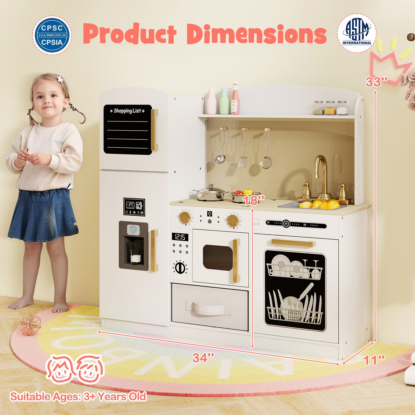 Wooden Kids Kitchen Playset with Chalkboard Ice Maker Sink Lighted Microwave-White Kids Crystal