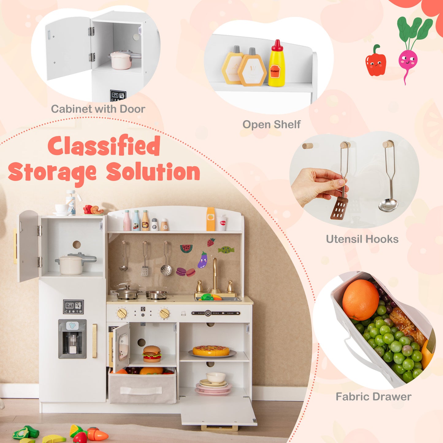 Wooden Kids Kitchen Playset with Chalkboard Ice Maker Sink Lighted Microwave-White Kids Crystal