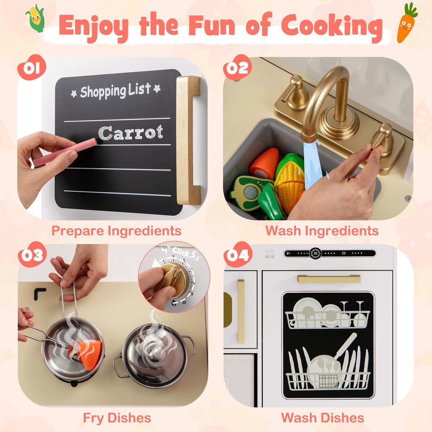 Wooden Kids Kitchen Playset with Chalkboard Ice Maker Sink Lighted Microwave-White Kids Crystal