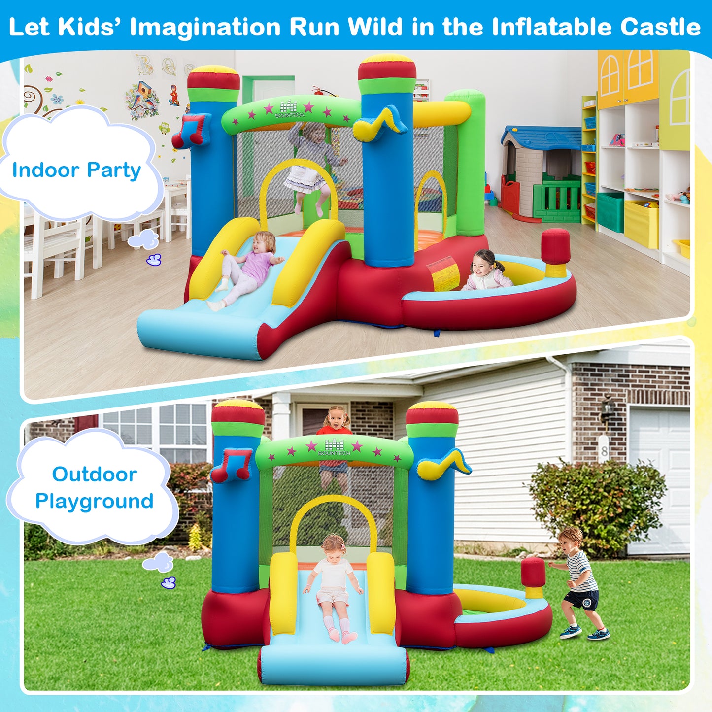 Inflatable Bounce House Kids Music-Themed Castle Sound Interaction Inflatable Bouncer without Blower Kids Crystal