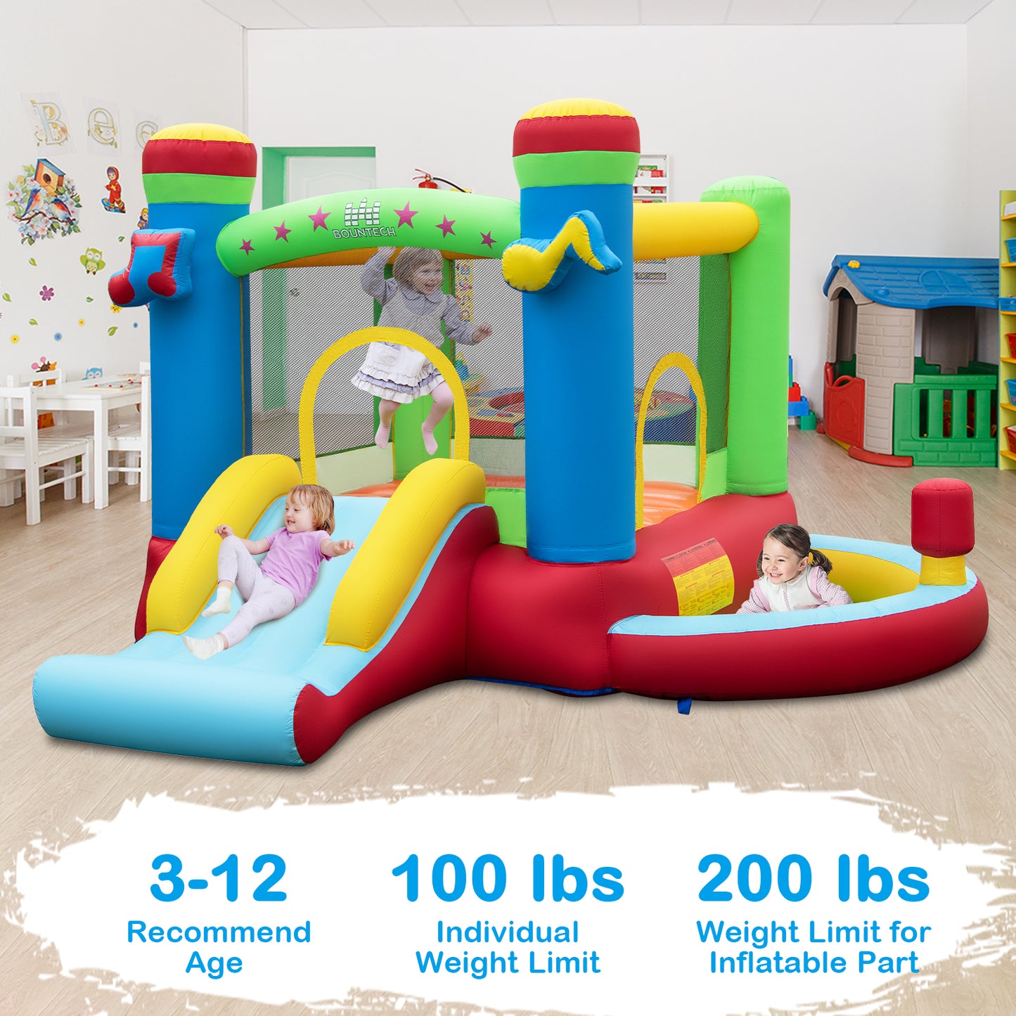 Inflatable Bounce House Kids Music-Themed Castle Sound Interaction Inflatable Bouncer without Blower Kids Crystal