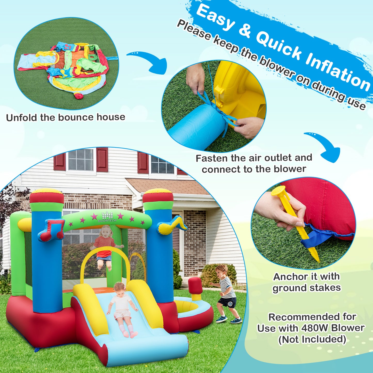 Inflatable Bounce House Kids Music-Themed Castle Sound Interaction Inflatable Bouncer without Blower Kids Crystal