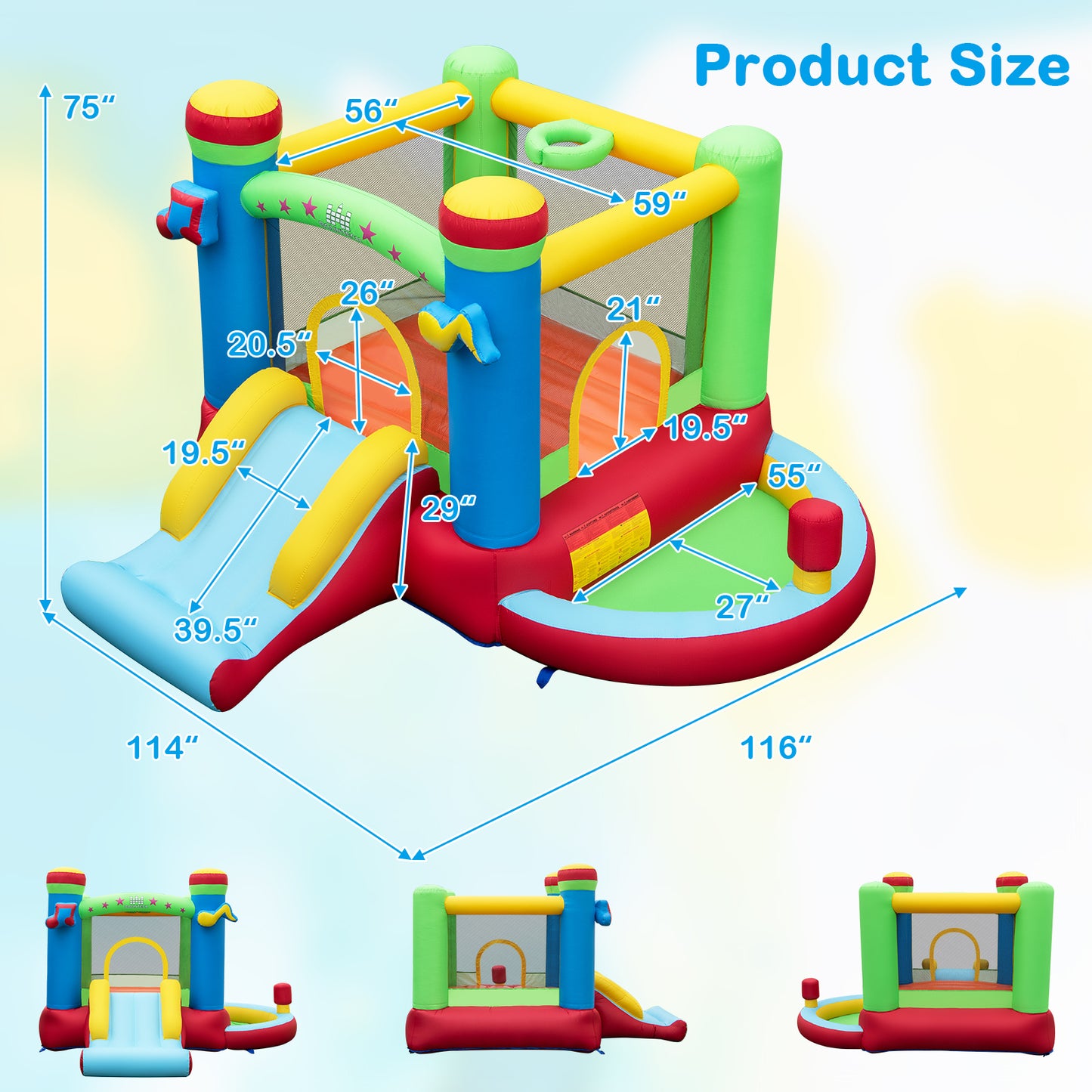 Inflatable Bounce House Kids Music-Themed Castle Sound Interaction Inflatable Bouncer without Blower Kids Crystal