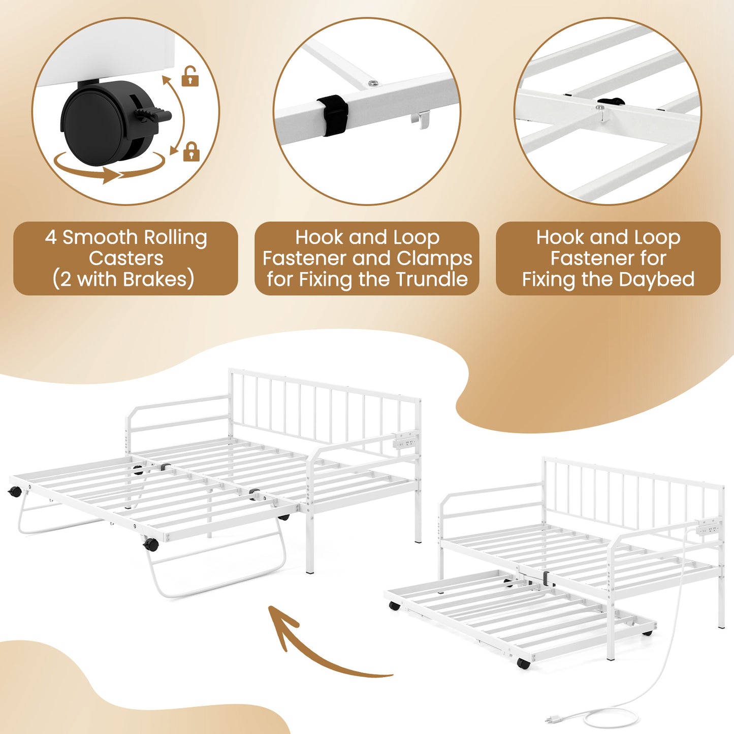 Adjustable Metal Twin Size Daybed with Charging Station and LED Light-White Kids Crystal