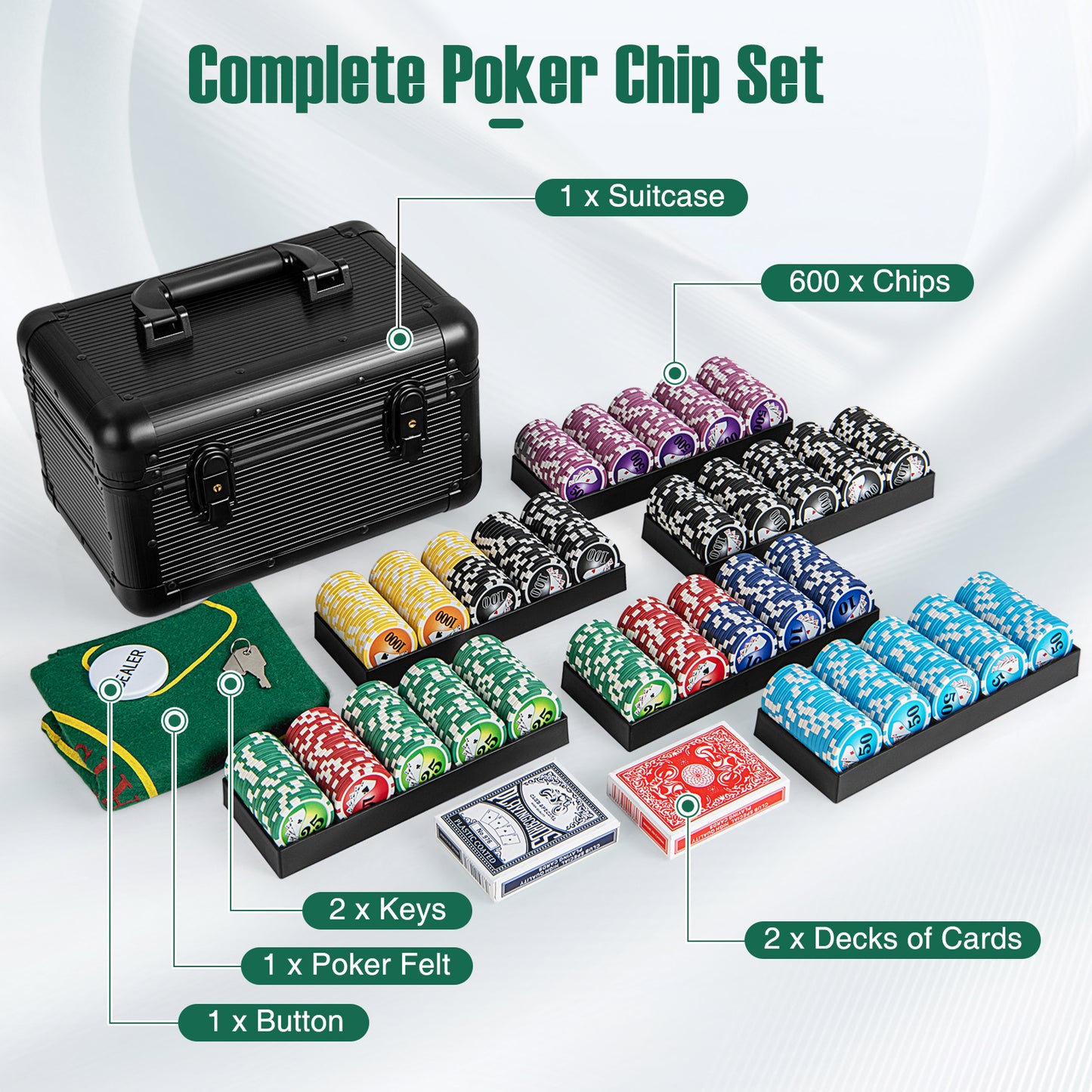 Casino Poker Chips with 600 Pieces Chips Texas Holdem Poker Chip Set-Black Kids Crystal