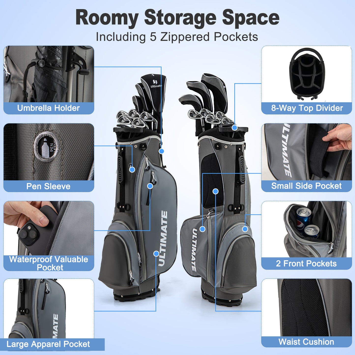 Men’s Profile Complete Golf Club Package Set Includes 10 Pieces-Gray Kids Crystal