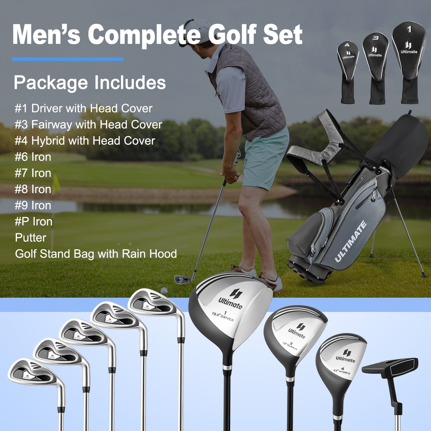 Men’s Profile Complete Golf Club Package Set Includes 10 Pieces-Gray Kids Crystal