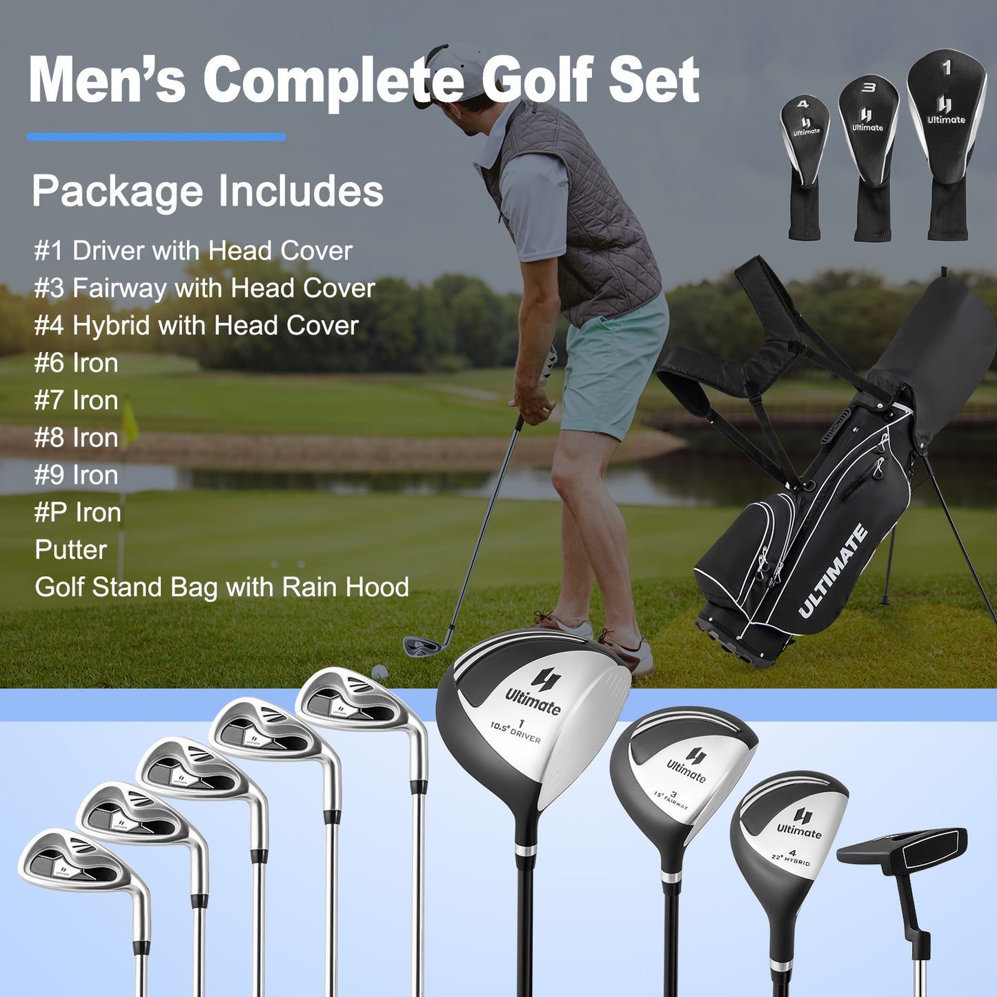 Men’s Profile Complete Golf Club Package Set Includes 10 Pieces-Black Kids Crystal