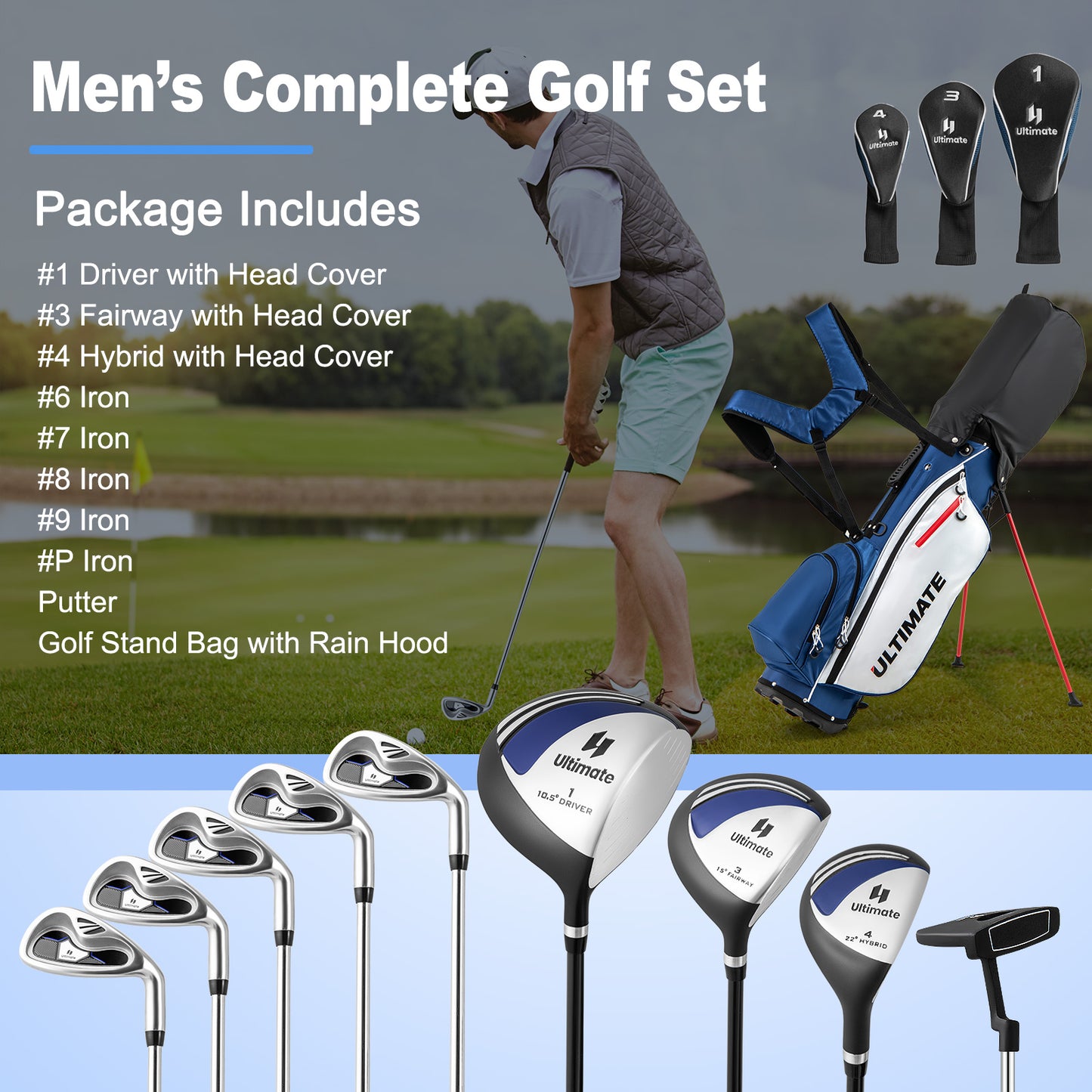 Men’s Profile Complete Golf Club Package Set Includes 10 Pieces-Blue Kids Crystal