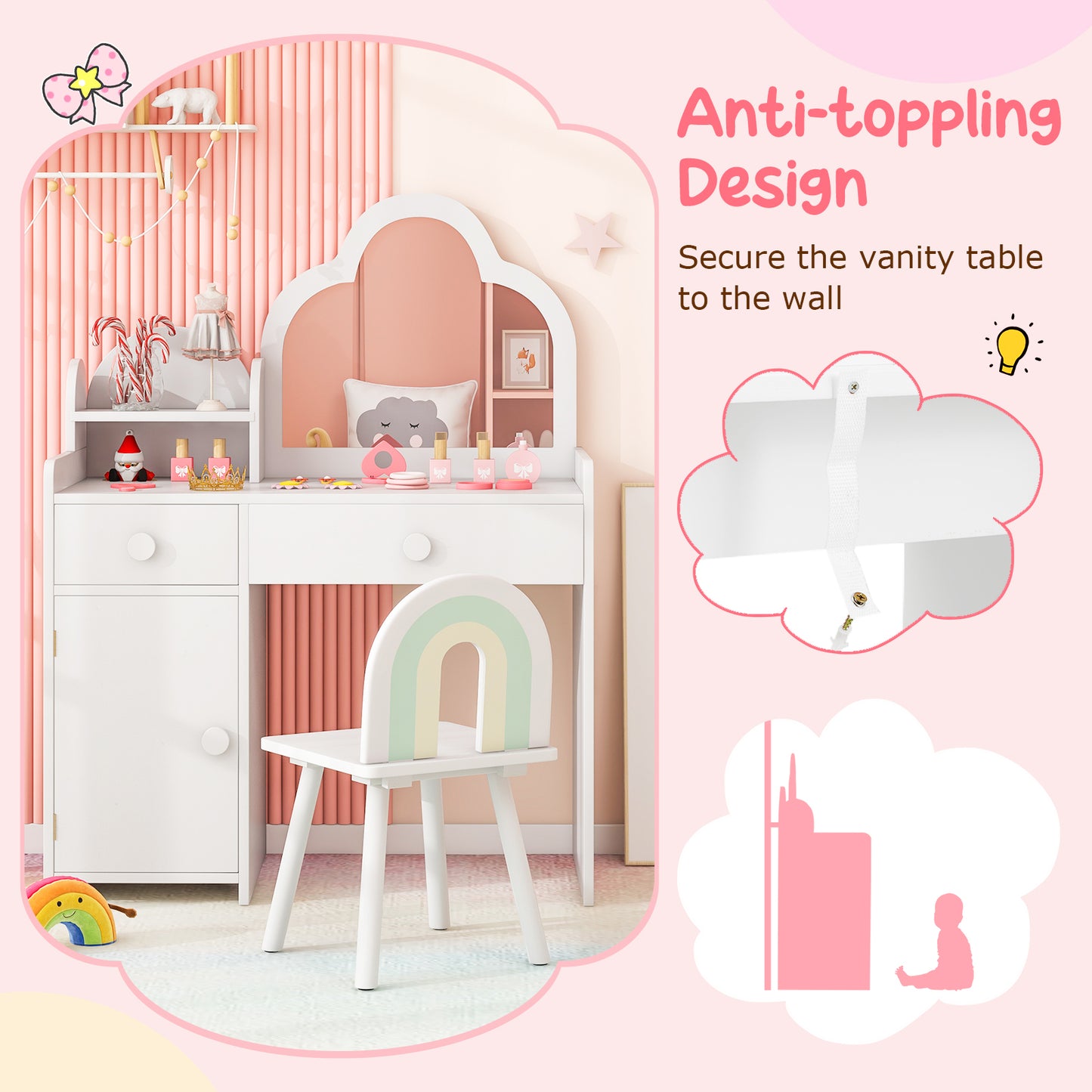 Kids Vanity Table and Chair Set with Cloud-shaped Mirror and Open Shelf-White Kids Crystal