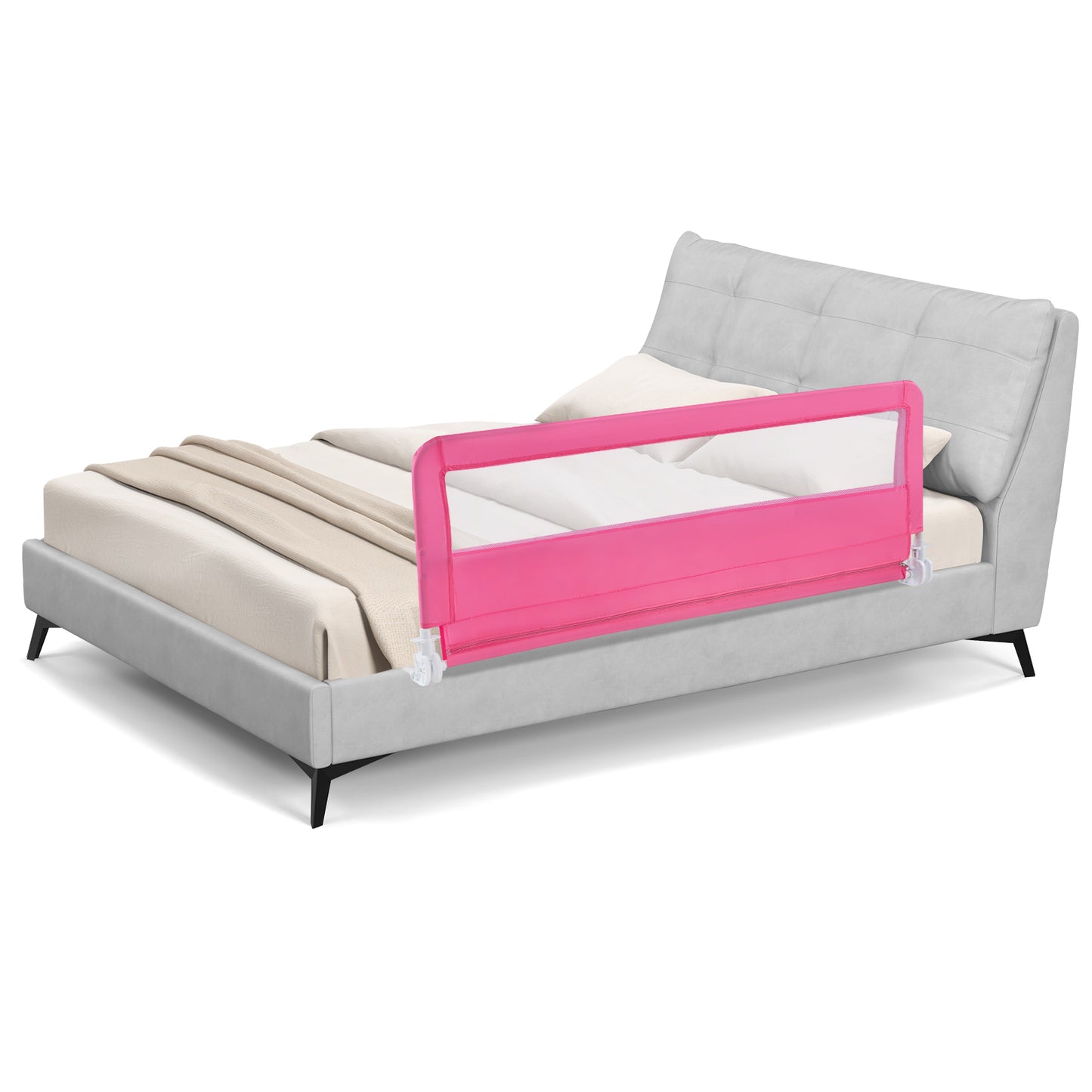 59 Inch Extra Long Folding Breathable Baby Children Toddlers Bed Rail Guard with Safety Strap-Pink Kids Crystal