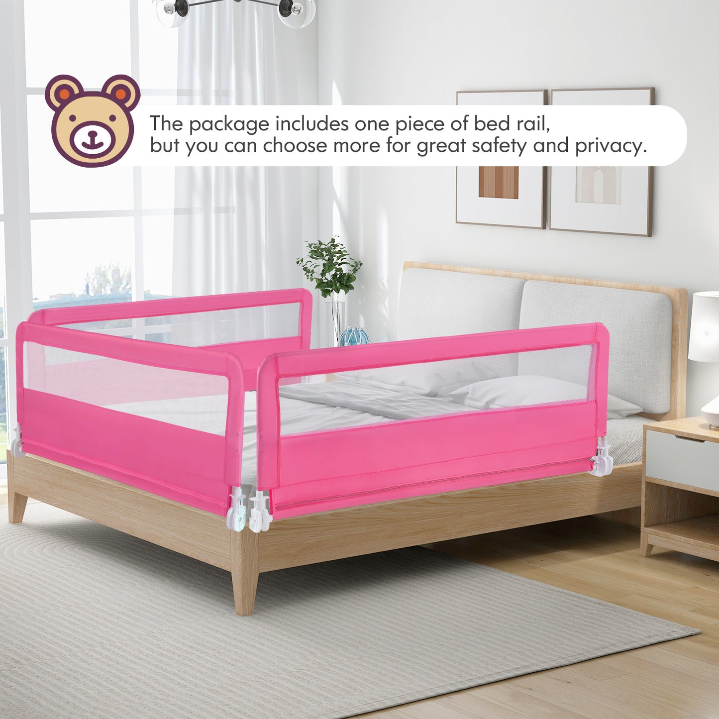 59 Inch Extra Long Folding Breathable Baby Children Toddlers Bed Rail Guard with Safety Strap-Pink Kids Crystal