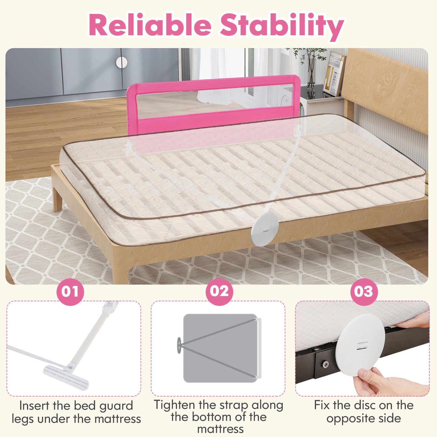 59 Inch Extra Long Folding Breathable Baby Children Toddlers Bed Rail Guard with Safety Strap-Pink Kids Crystal