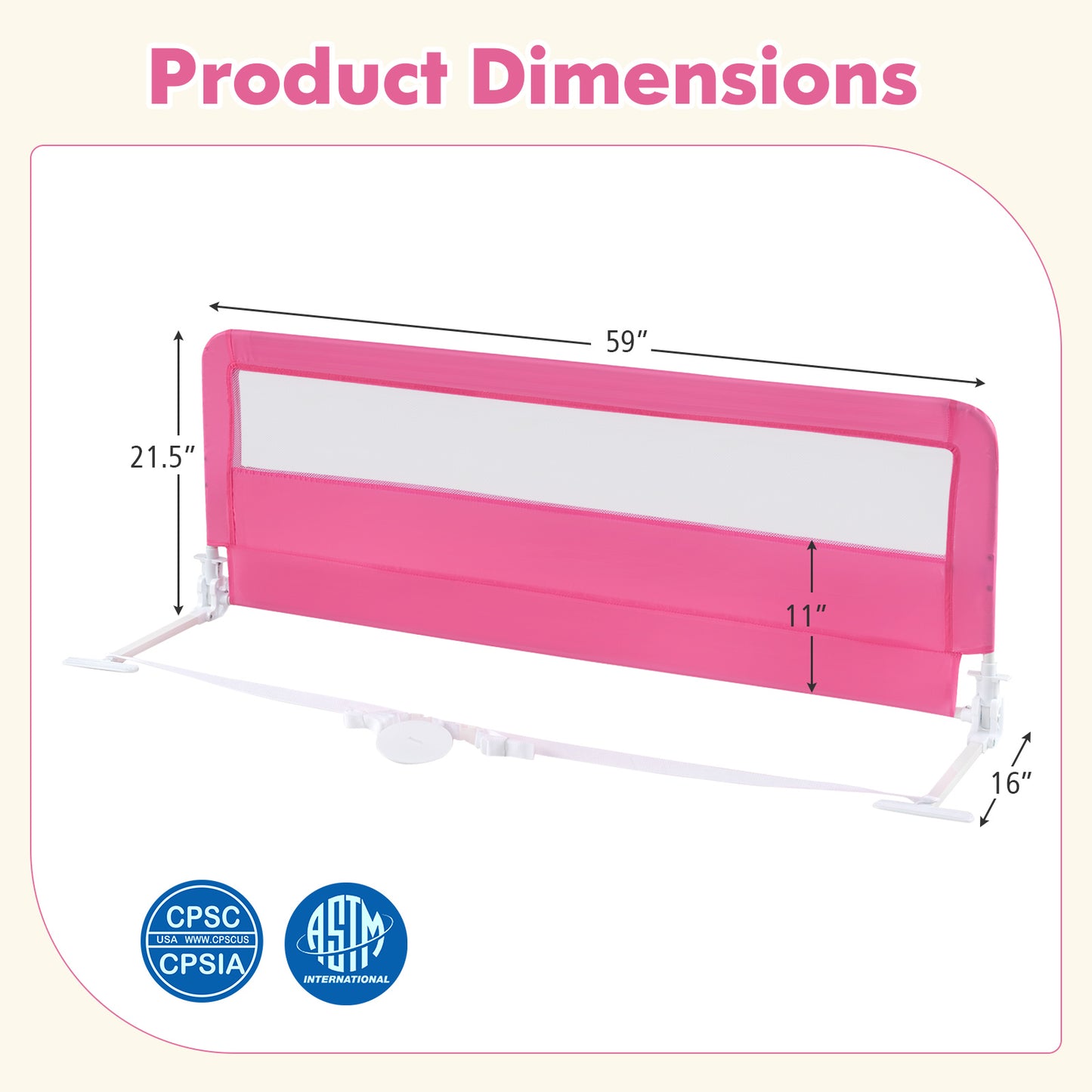 59 Inch Extra Long Folding Breathable Baby Children Toddlers Bed Rail Guard with Safety Strap-Pink Kids Crystal