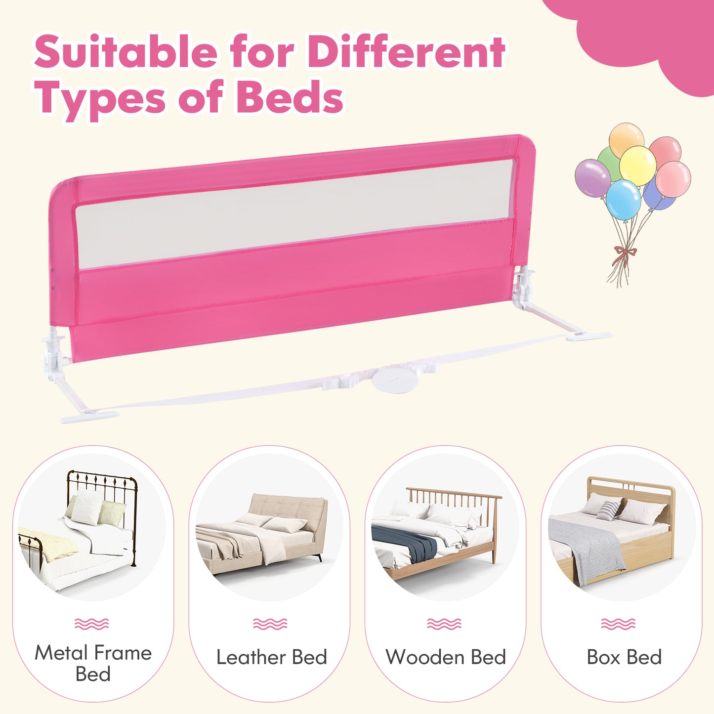 59 Inch Extra Long Folding Breathable Baby Children Toddlers Bed Rail Guard with Safety Strap-Pink Kids Crystal
