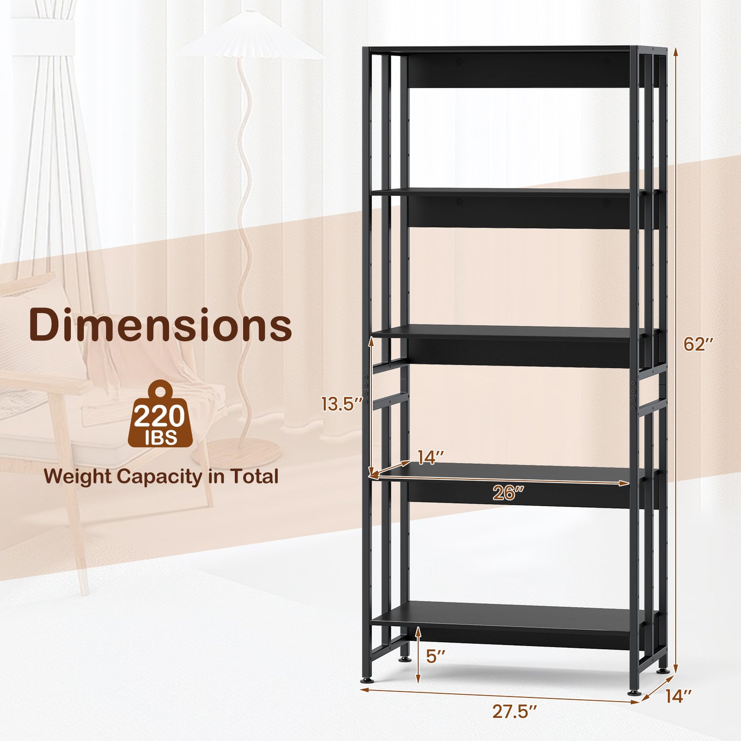 5-Tier Bookshelf with Adjustable and Tiltable Shelves-Black Kids Crystal