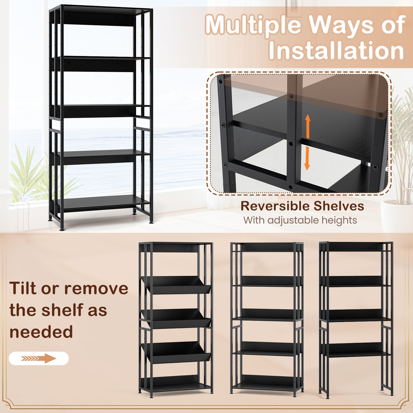 5-Tier Bookshelf with Adjustable and Tiltable Shelves-Black Kids Crystal