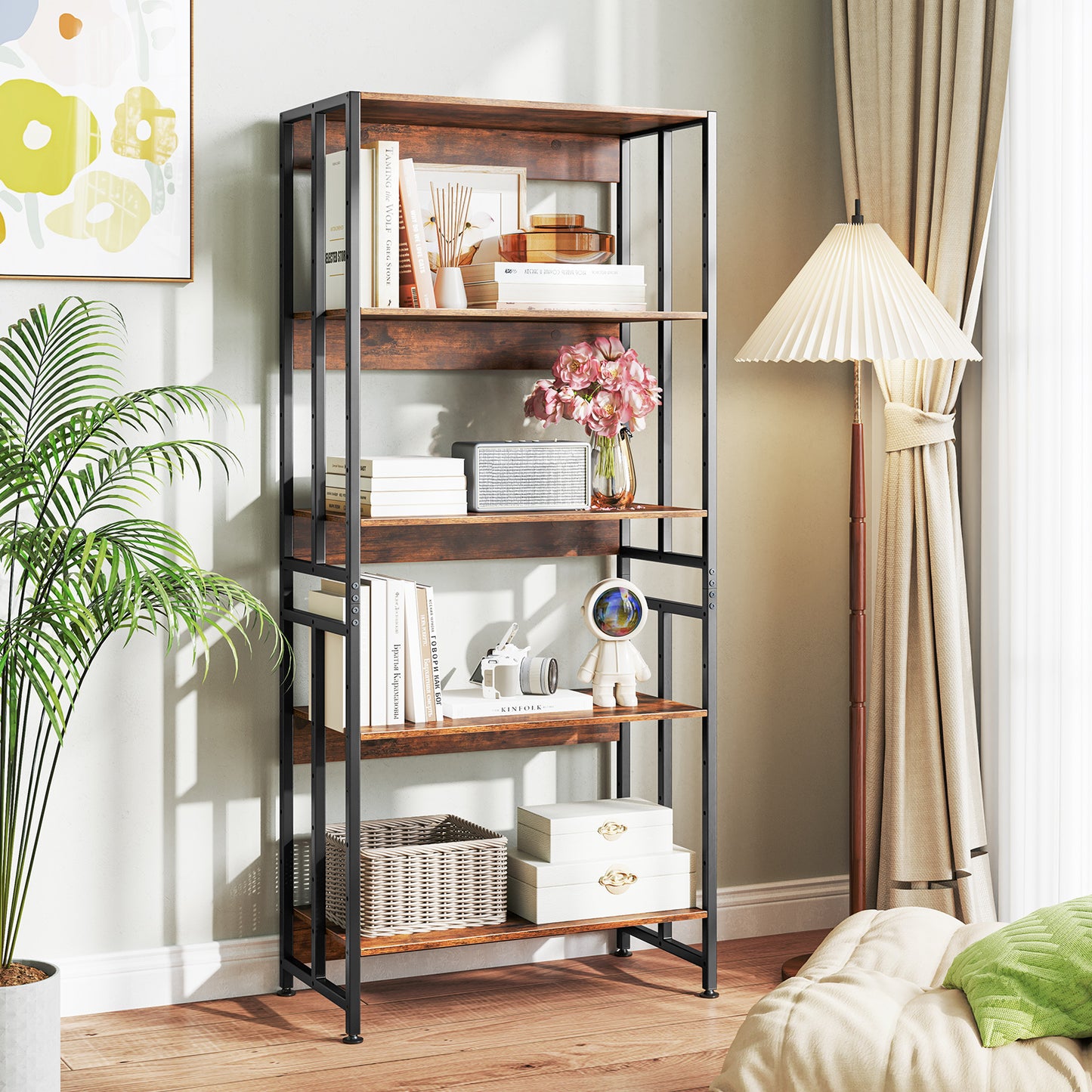 5-Tier Bookshelf with Adjustable and Tiltable Shelves-Rustic Brown Kids Crystal