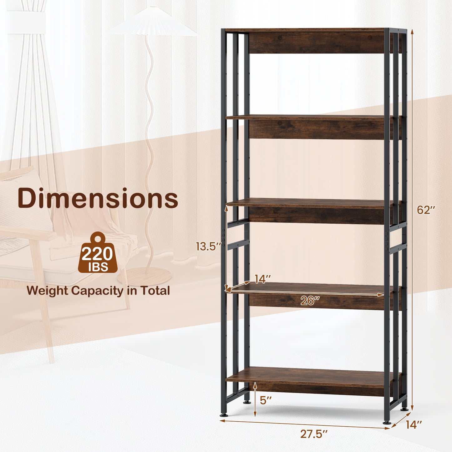 5-Tier Bookshelf with Adjustable and Tiltable Shelves-Rustic Brown Kids Crystal