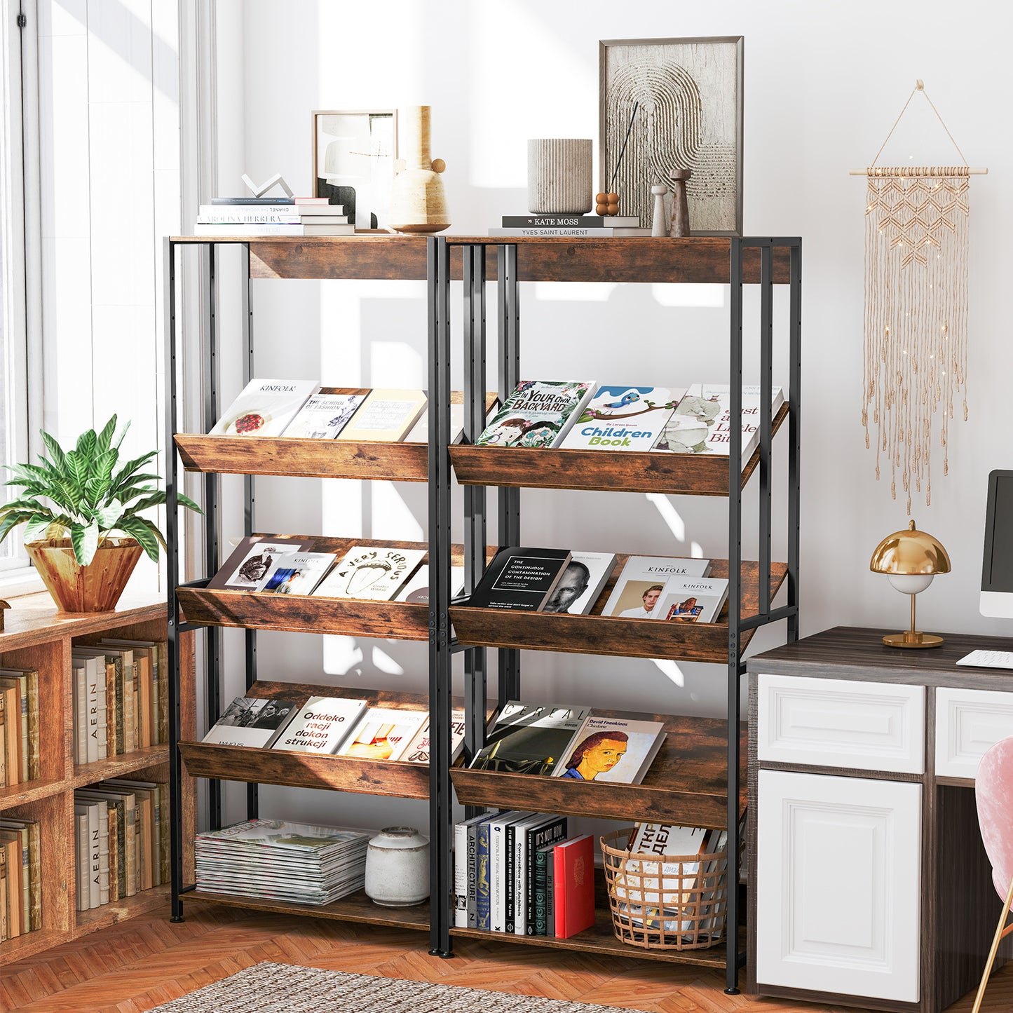 5-Tier Bookshelf with Adjustable and Tiltable Shelves-Rustic Brown Kids Crystal