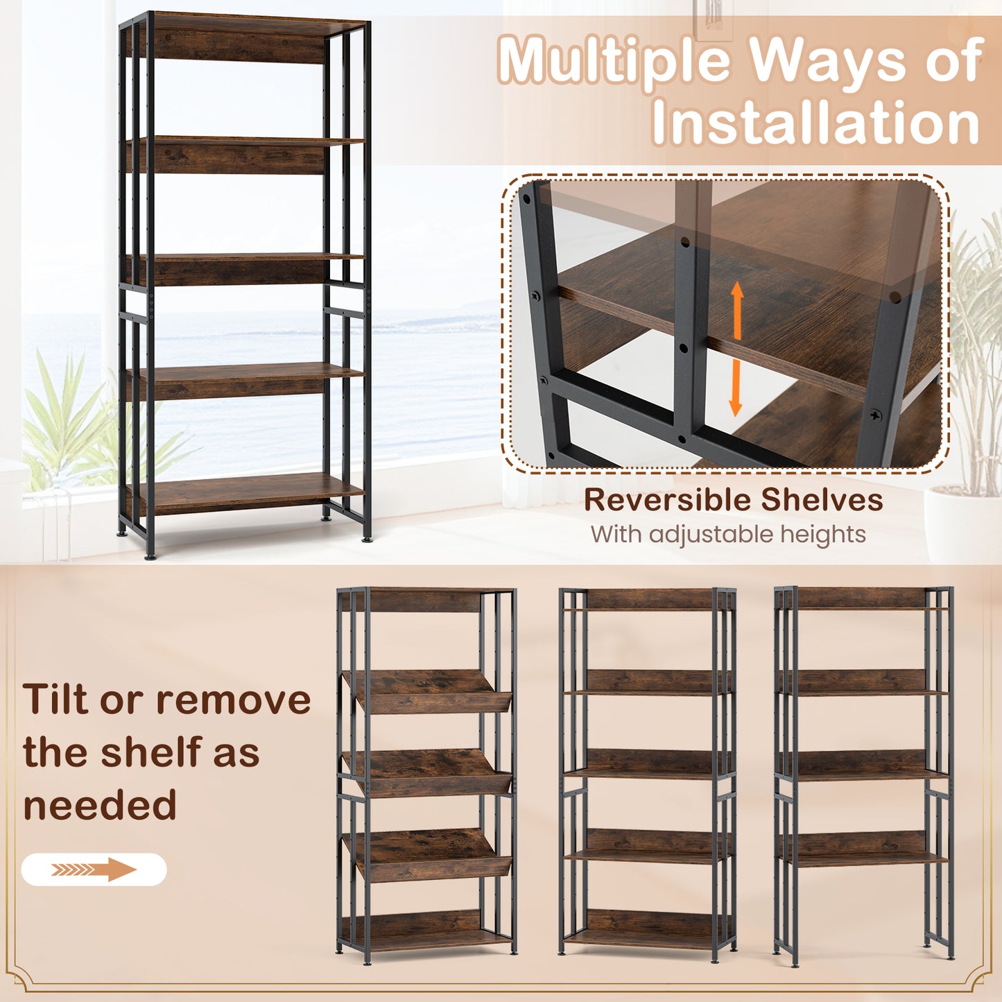 5-Tier Bookshelf with Adjustable and Tiltable Shelves-Rustic Brown Kids Crystal