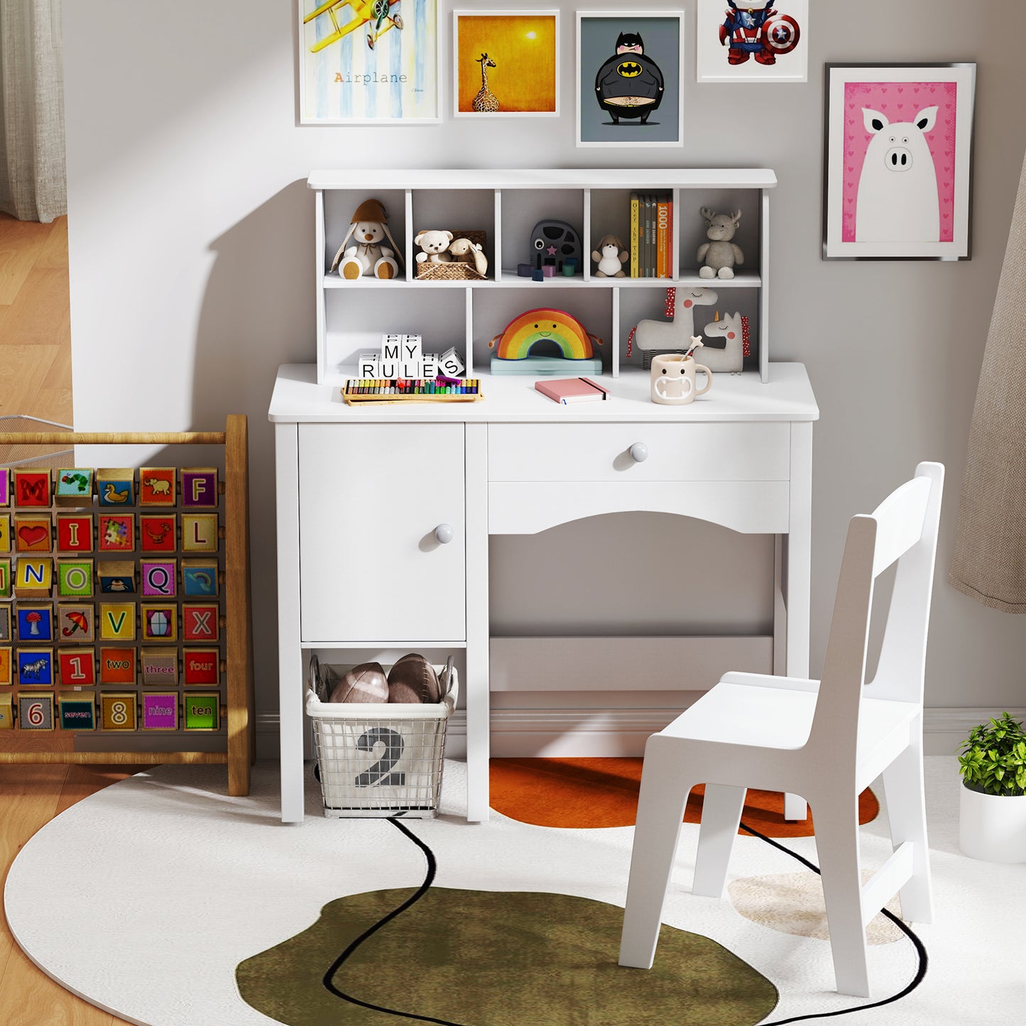 Kids Study Desk and Chair Set with Chair Hutch and Storage Cabinet for 3+ Years Old-White Kids Crystal