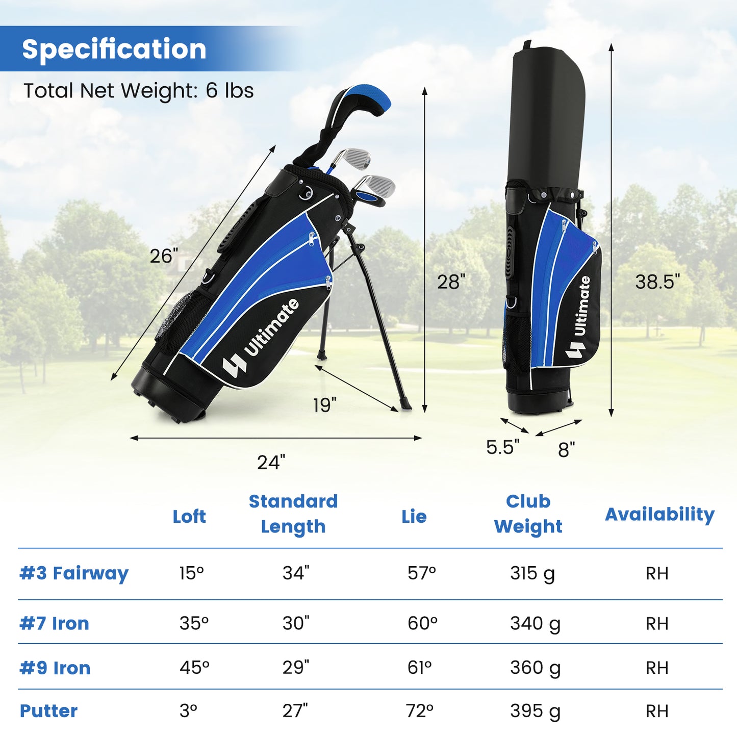 Junior Complete Golf Club Set for Age 8 to 10-Blue Kids Crystal