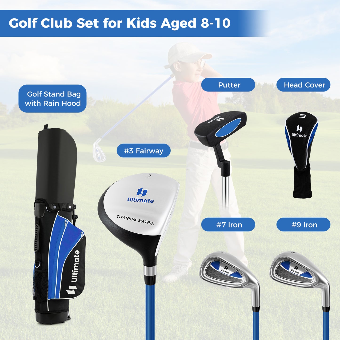 Junior Complete Golf Club Set for Age 8 to 10-Blue Kids Crystal
