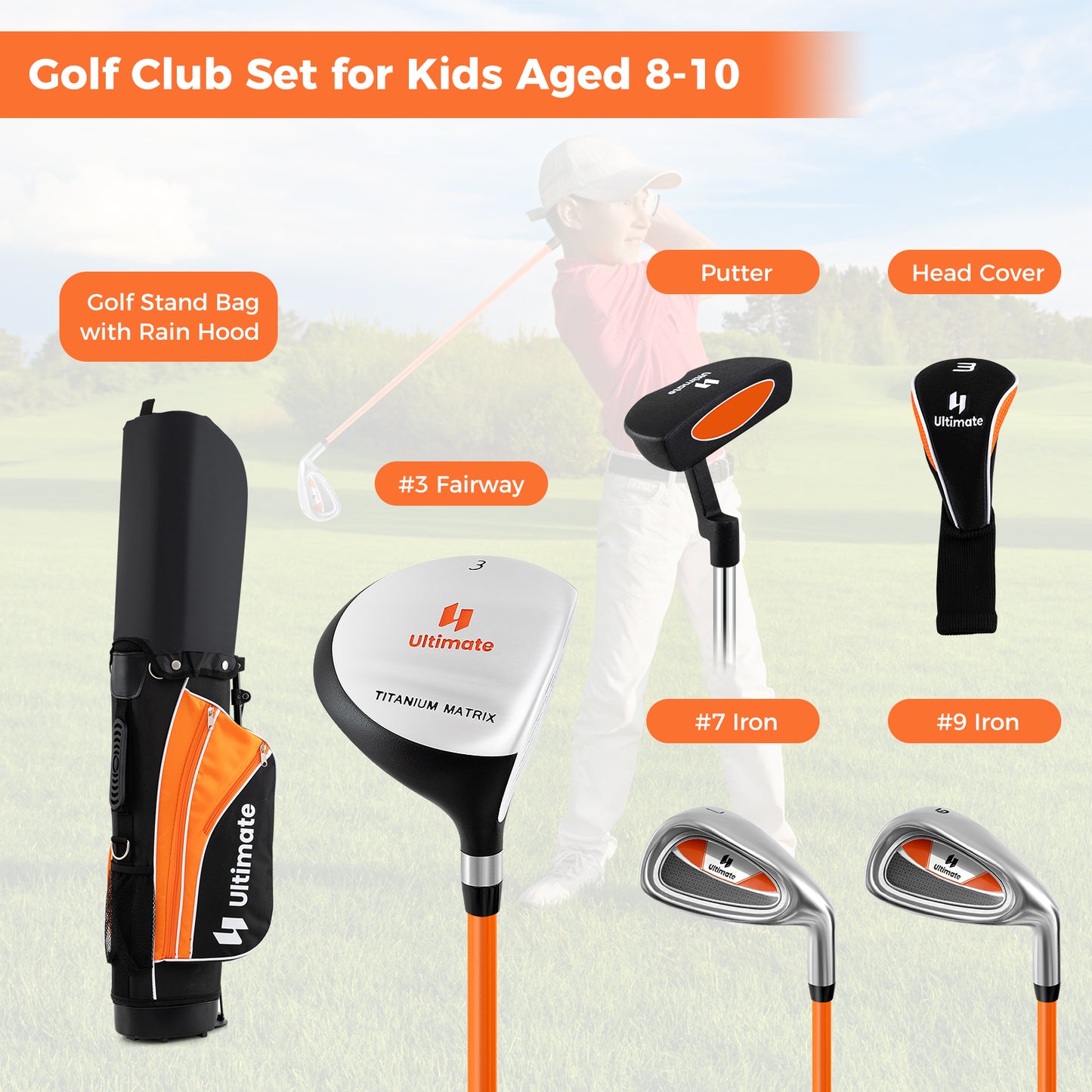 Junior Complete Golf Club Set for Age 8 to 10-Yellow Kids Crystal