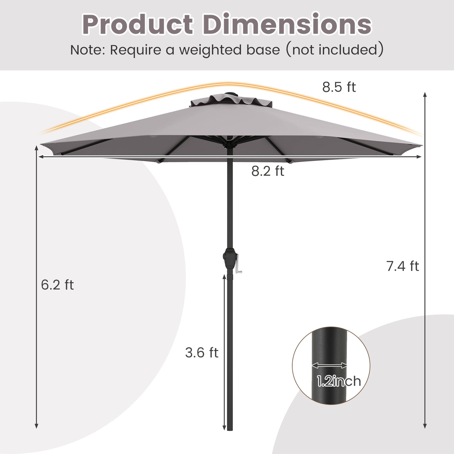 Outdoor Heavy Duty Market Umbrella with Crank Handle and 8 Sturdy Ribs-Gray Kids Crystal