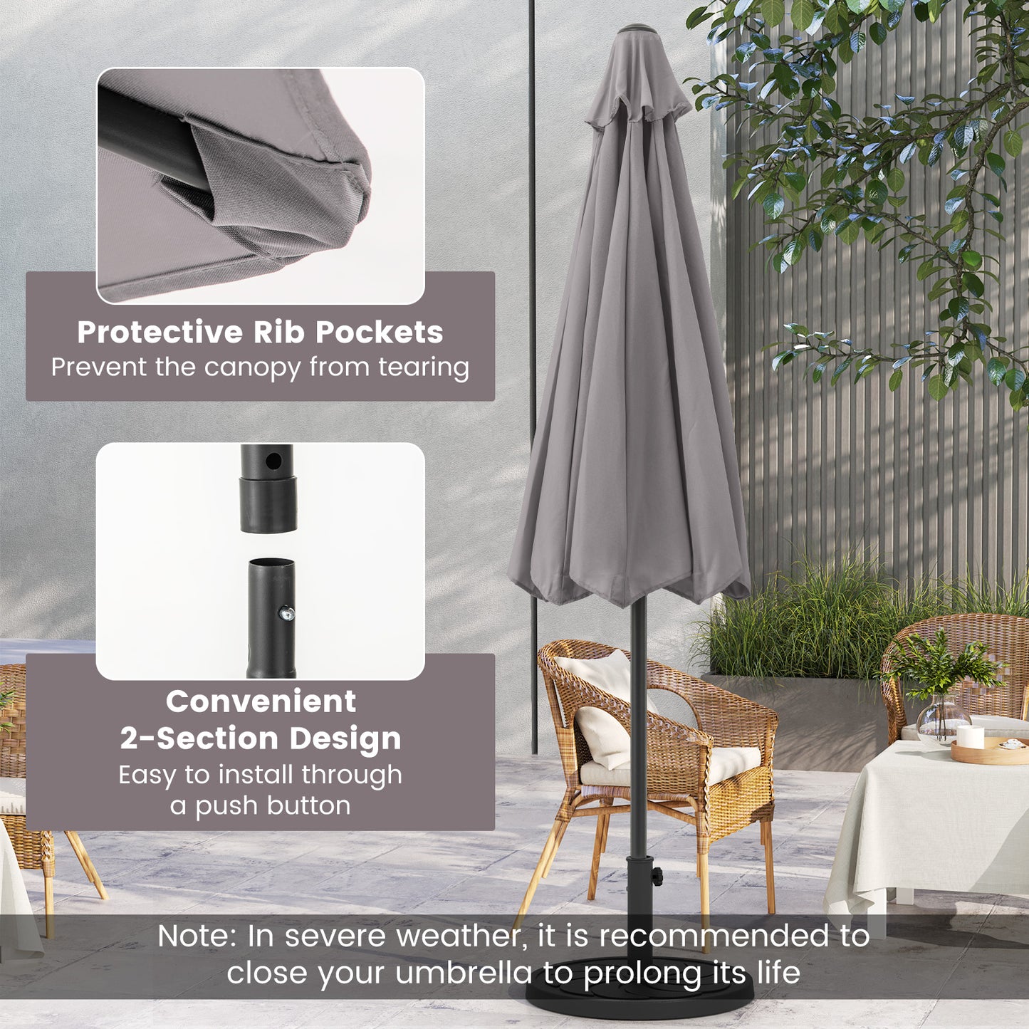 Outdoor Heavy Duty Market Umbrella with Crank Handle and 8 Sturdy Ribs-Gray Kids Crystal