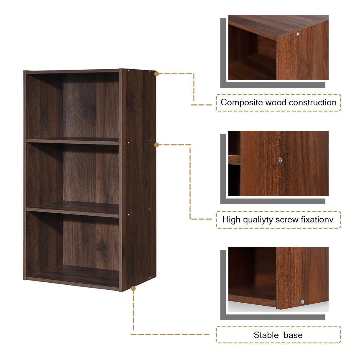 3 Open Shelf Bookcase Modern Storage Display Cabinet-Walnut Kids Crystal