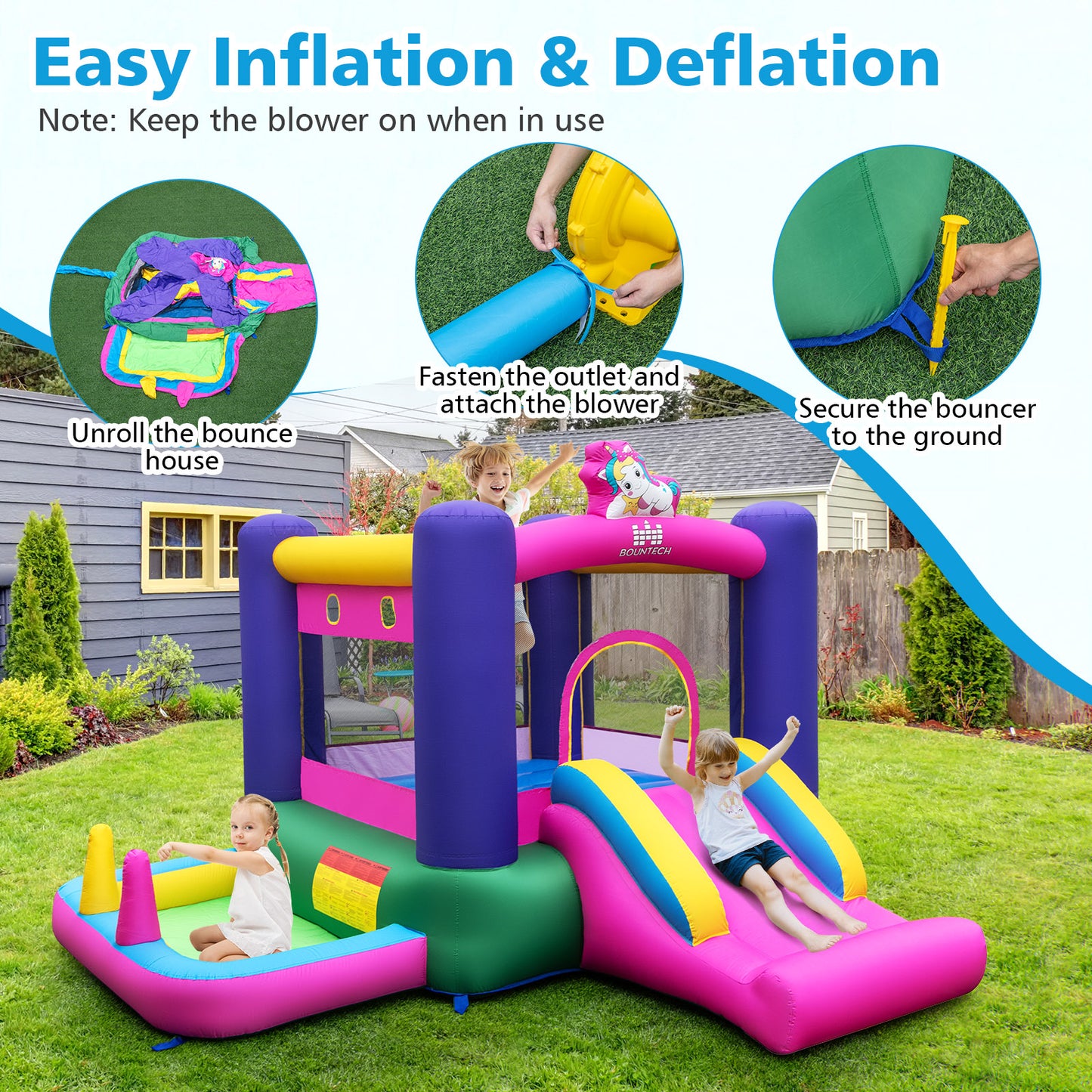 Inflatable Bounce House with Slide Splash Pool and Ring Tossing Games without Blower Kids Crystal