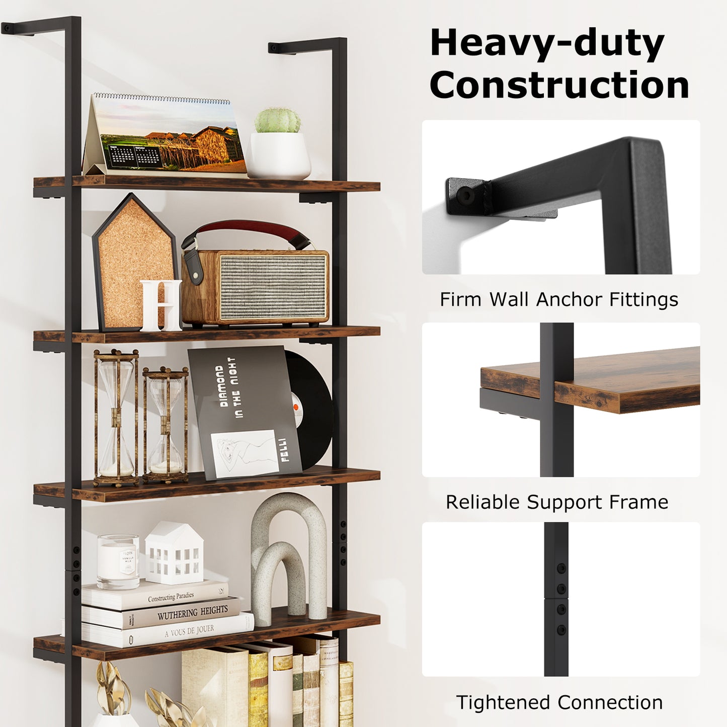 6-tier Ladder Shelf 72 Inches Industrial Wall Mounted Bookshelf-Rustic Brown Kids Crystal