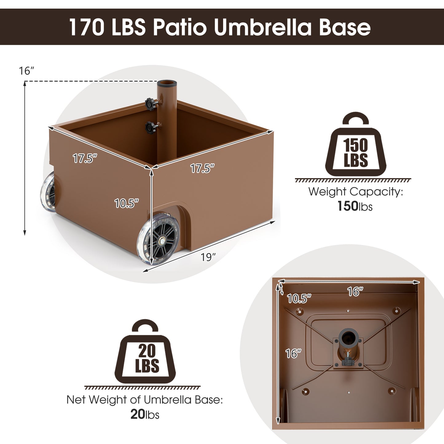 150 Pounds Patio Umbrella Base Stand Wheels Planter Outdoor-Coffee Kids Crystal